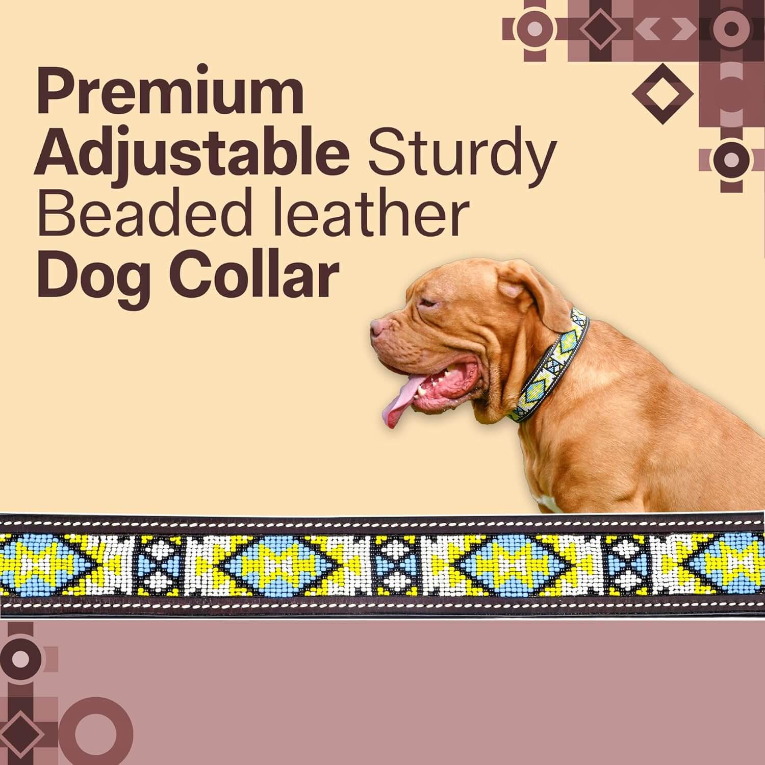 Adil’s Beaded Leather Dog Collar, Hand Tooled Adjustable with Strong Metal Buckle